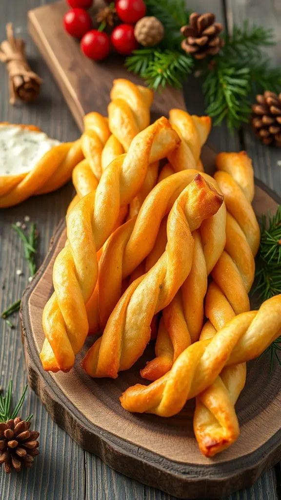 Savory puff pastry twists arranged on a wooden platter, surrounded by festive decorations.