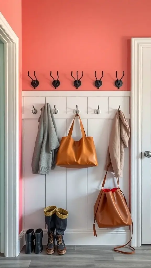 A mudroom with coral walls, black hooks, and stylish bags and boots