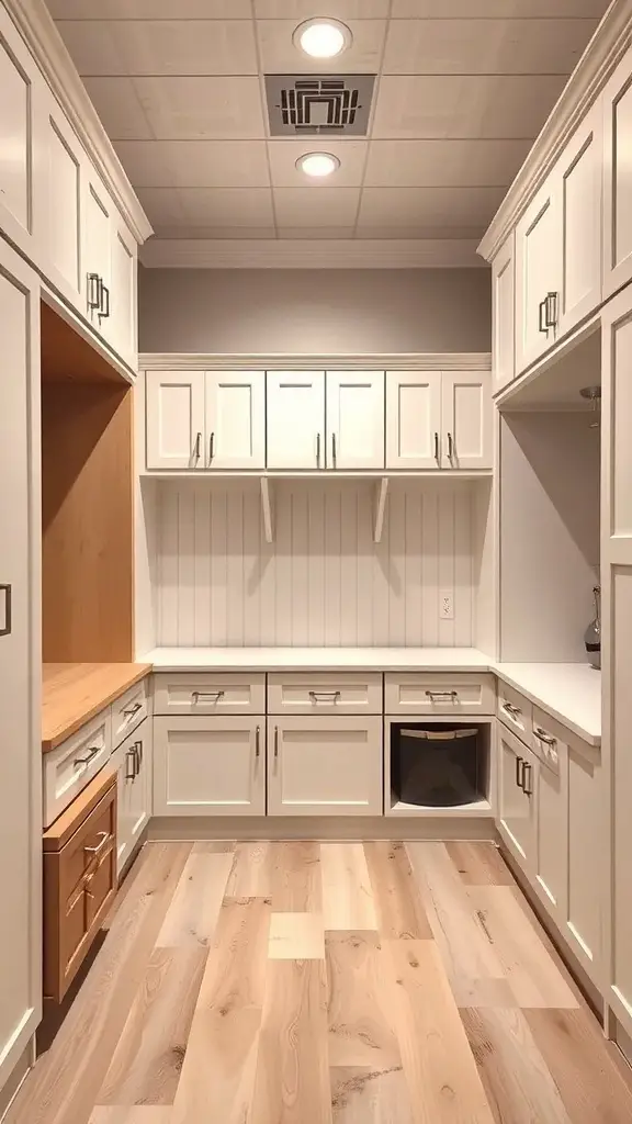 Customizable mudroom cabinets with a mix of open and closed storage.