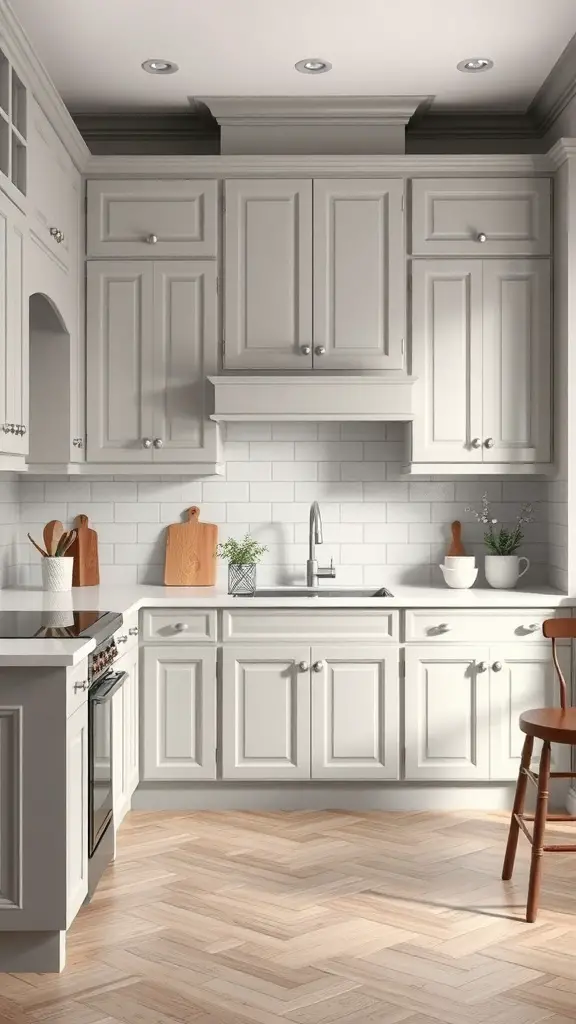 27+ Stunning Kitchen Color Palette Ideas for Your Home Makeover 9 A kitchen featuring a classic grey and white color palette with light wood flooring.