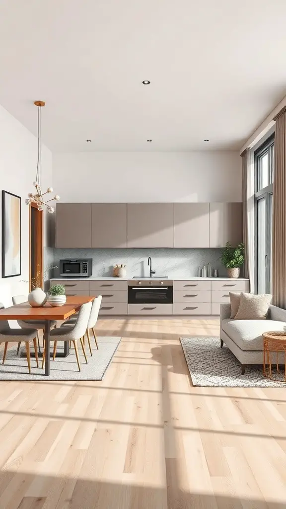 A modern kitchen featuring taupe cabinets, light wood flooring, and a dining area.