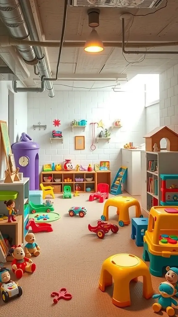 25+ Budget-Friendly Unfinished Basement Ideas to Transform Your Space 5 Colorful playroom for kids in an unfinished basement with toys and furniture