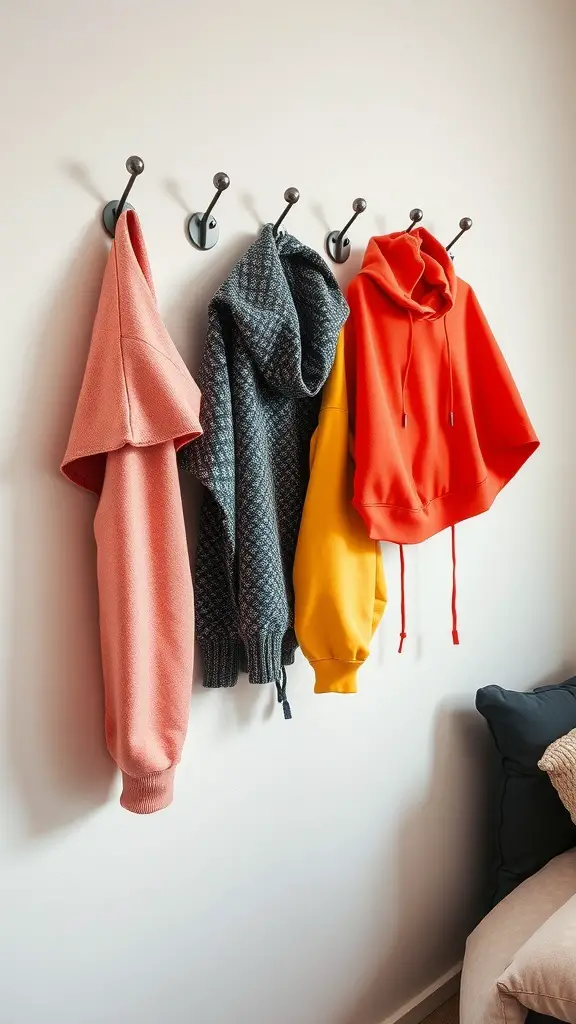 Colorful hoodies displayed on decorative hooks on a wall
