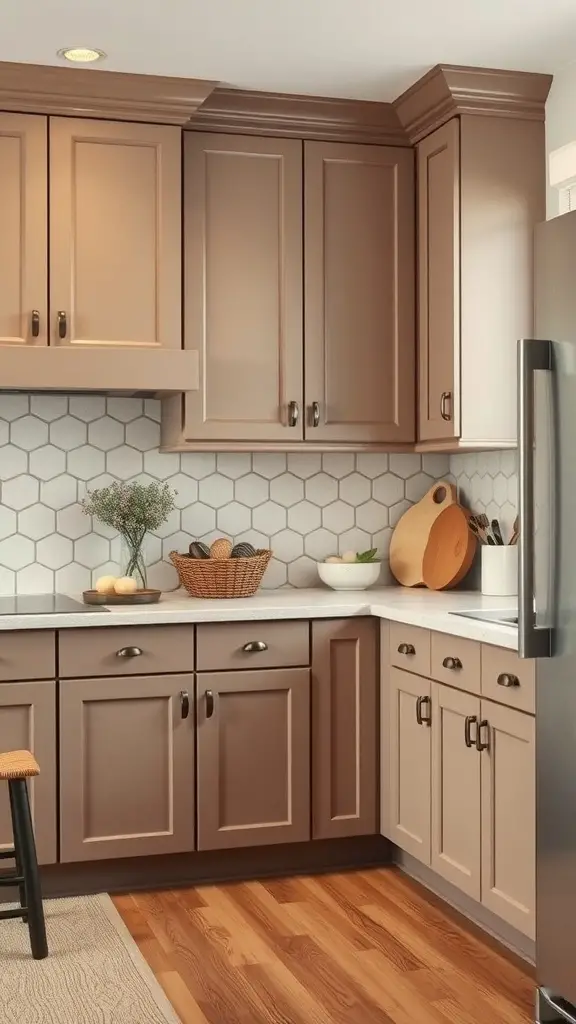 A cozy kitchen featuring taupe cabinets, a light countertop, and a hexagonal backsplash.