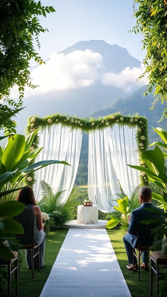 25+ Dreamy Garden Party Wedding Ideas for a Magical Celebration 12 A serene wedding ceremony backdrop with white drapes, greenery, and a mountain view.