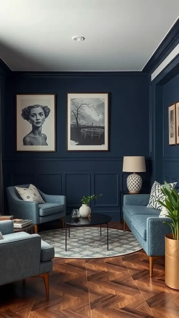 A stylish basement with navy walls, light furniture, and artwork.