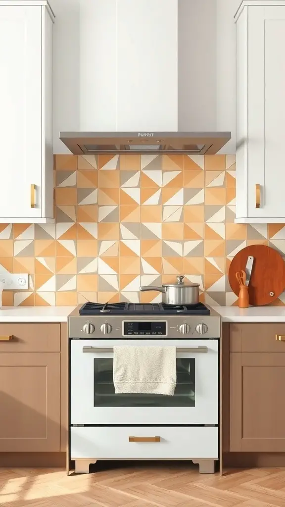 27+ Inspiring Stove Backsplash Ideas You’ll Love 6 A modern kitchen with a bold geometric patterned backsplash in warm colors.