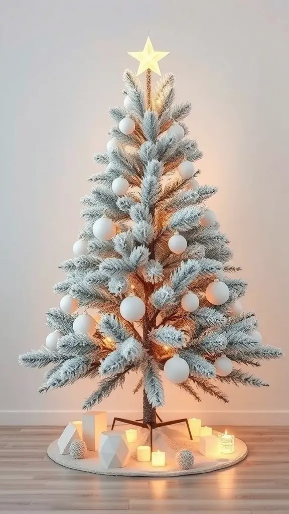 A flocked Christmas tree decorated in a modern minimalist style with white ornaments and soft lighting.