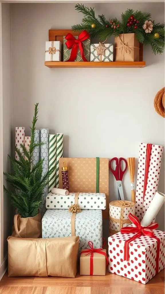 A cozy gift wrap station with neatly arranged gifts, various wrapping papers, scissors, and a small plant.