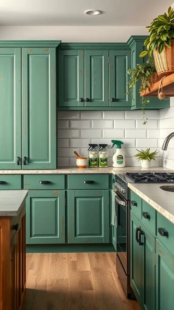 27+ Stunning Green Rustic Kitchen Cabinets for a Charming Makeover 16 A rustic kitchen featuring green cabinets, a white tiled backsplash, and wooden accents.