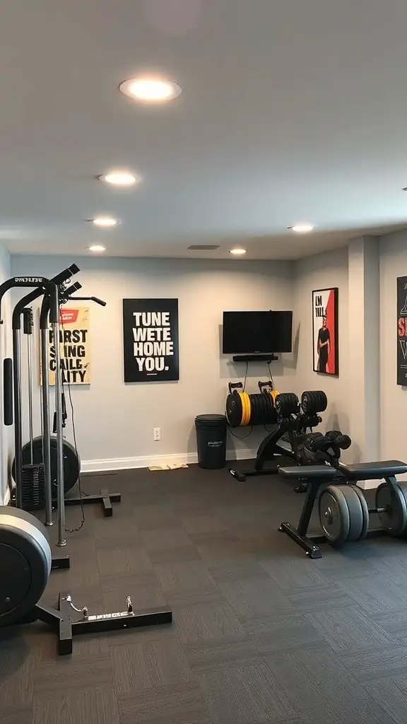 31+ Inspiring Ideas for Your Basement Family Room Makeover 9 A modern home gym with workout equipment including weights and a multi-functional machine.