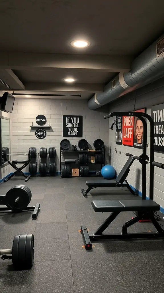 29+ Inspiring Basement House Ideas for Your Next Home Project 10 A well-equipped basement gym featuring weights, benches, and motivational quotes on the walls.