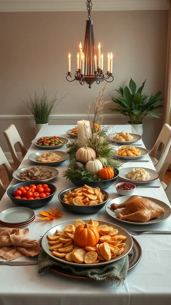 25+ Stunning Thanksgiving Table Settings to Elevate Your Holiday Feast 11 A beautifully arranged Thanksgiving table with a variety of dishes including turkey, sides, and seasonal decorations.