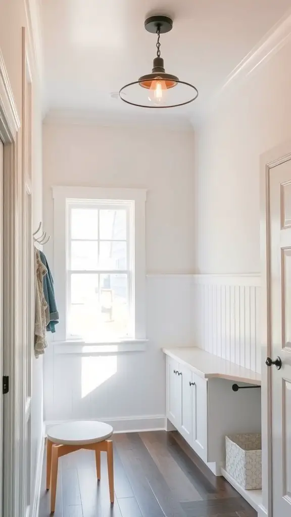 29+ Creative Mudroom Storage Ideas for a Clutter-Free Entrance 12 A bright mudroom featuring a pendant light, a window, and a storage bench.