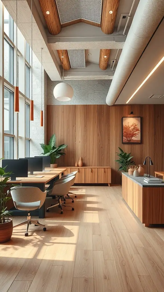 A modern office space with wooden elements and plants, featuring large windows and natural light.