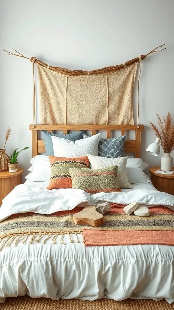 27+ Boho Bedding Ideas to Transform Your Bedroom Style 14 A cozy boho-style bed with natural elements, featuring a wooden headboard, decorative pillows, and a woven wall hanging.