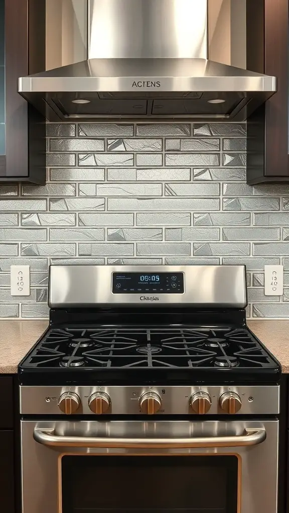 27+ Inspiring Stove Backsplash Ideas You’ll Love 16 A modern kitchen stove with a metallic backsplash and hood.