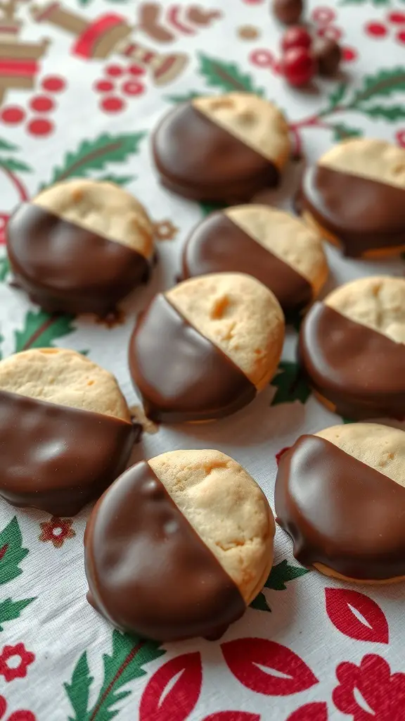 23+ Delightful Christmas Sweet Ideas You Must Try This Holiday Season 7 Chocolate-dipped shortbread cookies arranged on a festive tablecloth