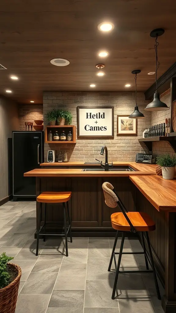 A cozy farmhouse-inspired bar area with wooden countertops, bar stools, and decorative elements.