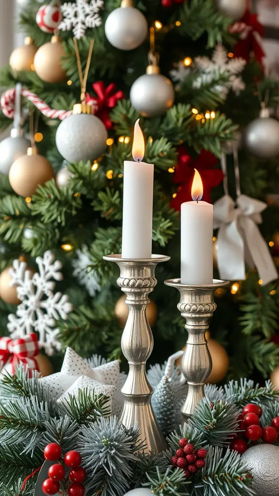 Two silver candle holders with white candles, surrounded by festive decorations including greenery, red berries, and silver ornaments.
