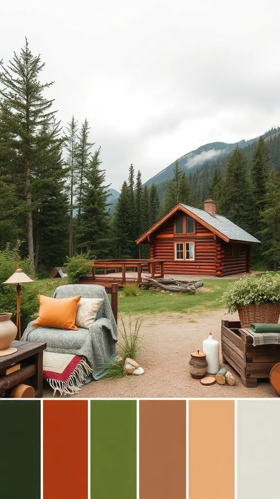 A cozy log cabin surrounded by trees, featuring a nature-inspired color palette.