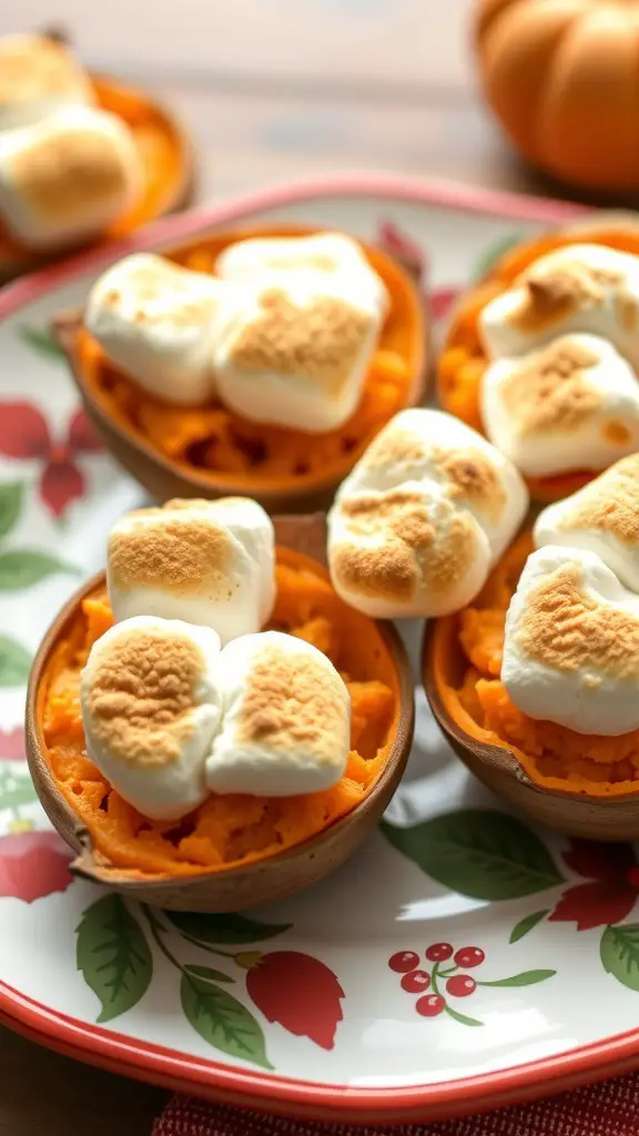 Sweet potato bites topped with toasted marshmallows on a festive plate