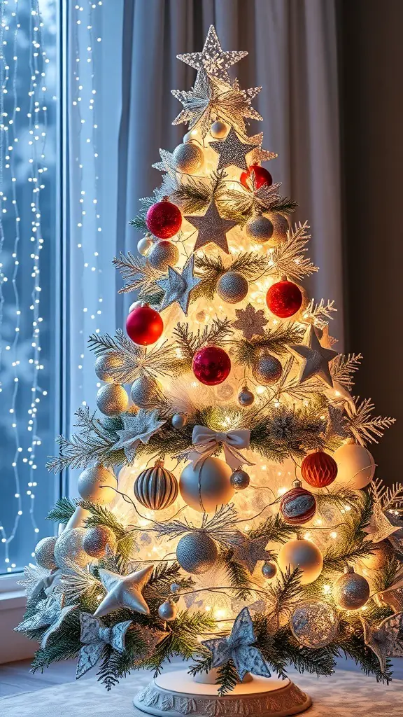 A beautifully decorated crystal Christmas tree with red and silver ornaments, glowing lights, and a star on top.