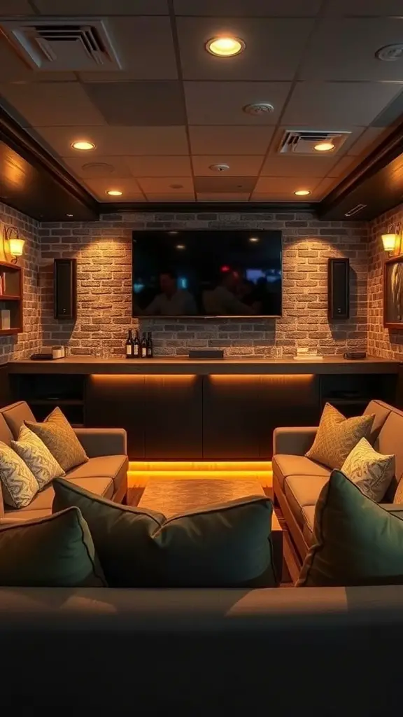Cozy basement bar with comfortable seating and a TV