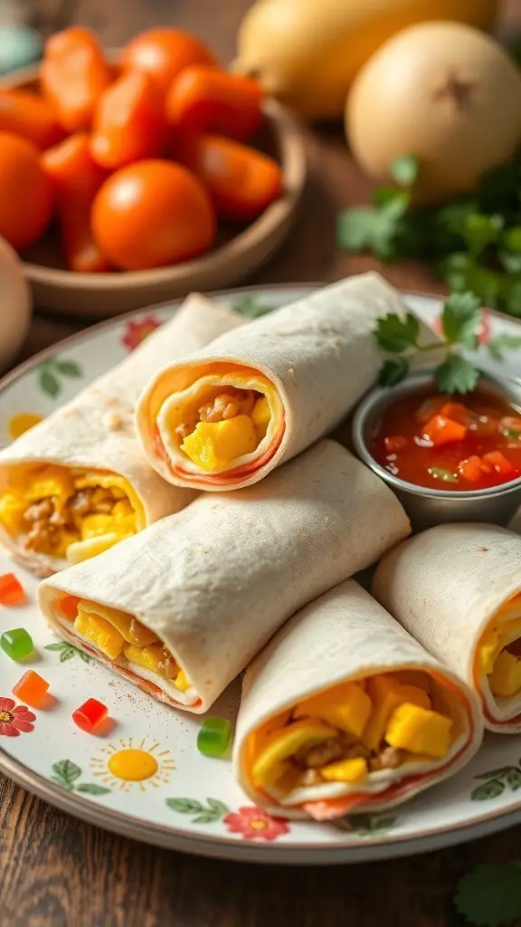 Mini breakfast burritos on a plate with salsa and fresh vegetables