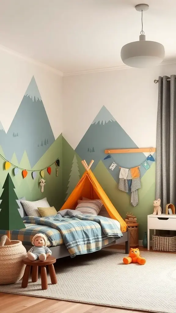 A toddler boy's room with mountain-themed decor, featuring a cozy bed, a play tent, and cheerful accents.