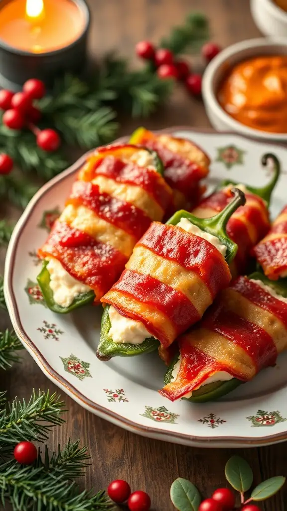 A plate of spicy bacon-wrapped jalapeño poppers garnished with festive decorations.