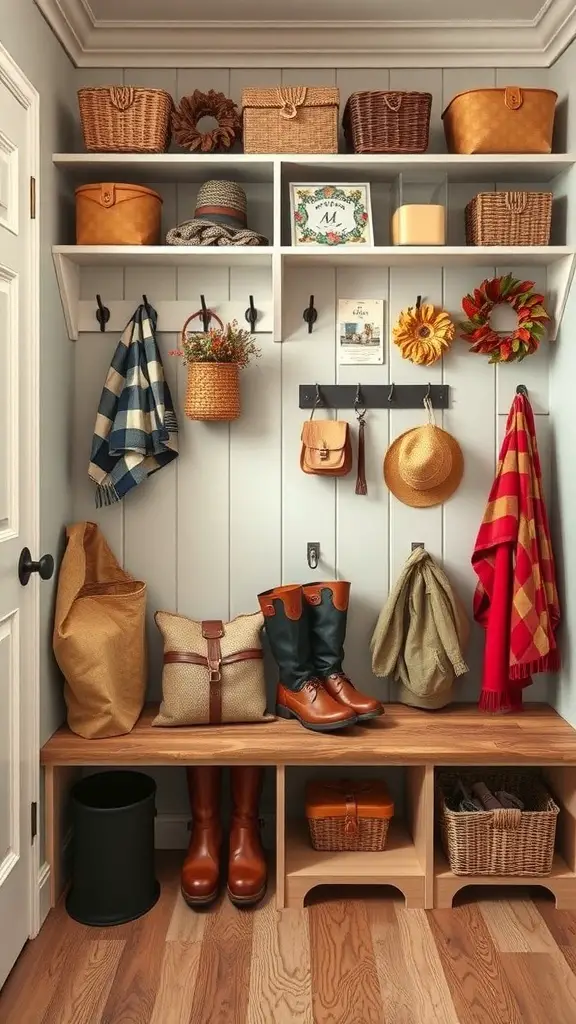 A well-organized mudroom featuring shelves with baskets, hooks for coats, and a bench for seating.