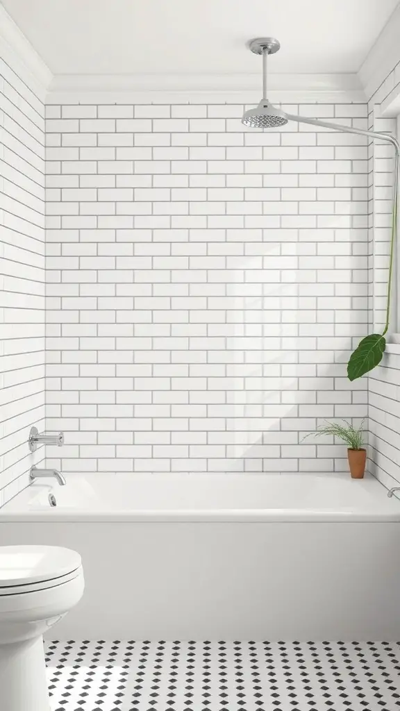 Bathroom featuring classic white subway tiles on the walls and black and white patterned floor tiles.