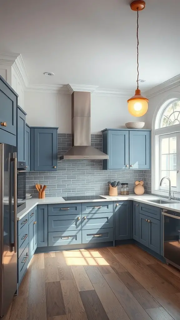 29+ Stunning Blue Gray Kitchen Cabinets to Transform Your Space 2 A modern kitchen featuring blue gray cabinets, warm pendant lighting, and natural light from large windows.