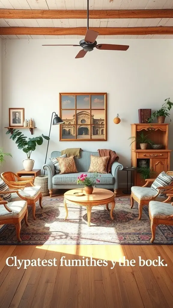 A cozy vintage living room with a blue sofa, wooden furniture, and plants.