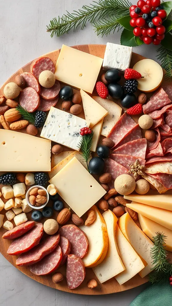 25+ Stunning Christmas Food Table Displays for Your Holiday Feast 7 A festive charcuterie board with assorted cheeses, cured meats, nuts, and fresh fruits, garnished with greenery.