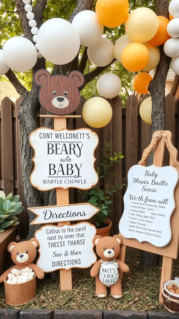 27+ Adorable Bear Baby Shower Ideas for the Perfect Celebration 17 Charming bear-themed signage for a baby shower with cute bear illustrations and warm colors.