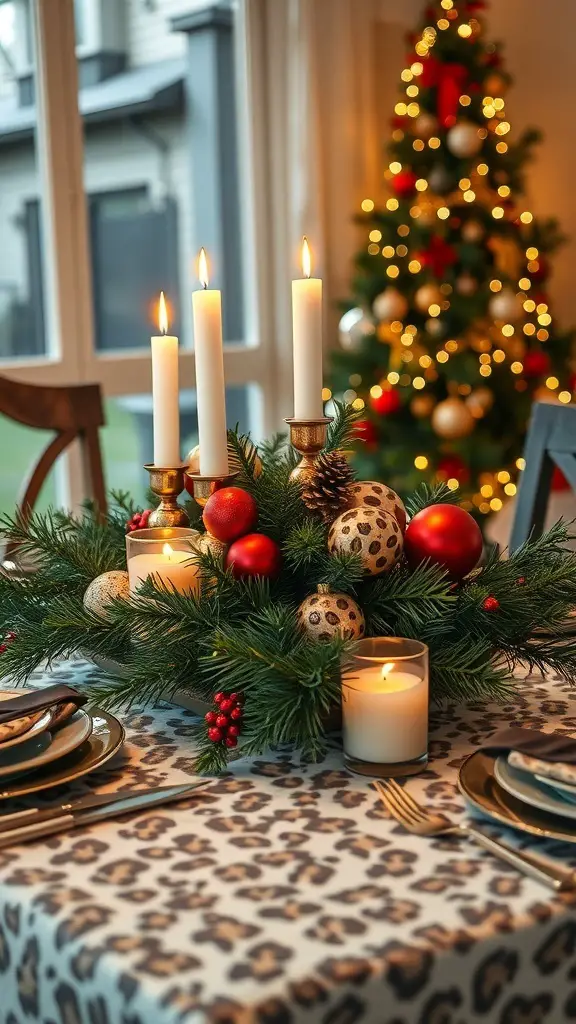 29+ Stunning Leopard Christmas Decor Ideas to Elevate Your Holiday Style 5 A beautifully arranged leopard print centerpiece with candles, ornaments, and greenery on a festive table.