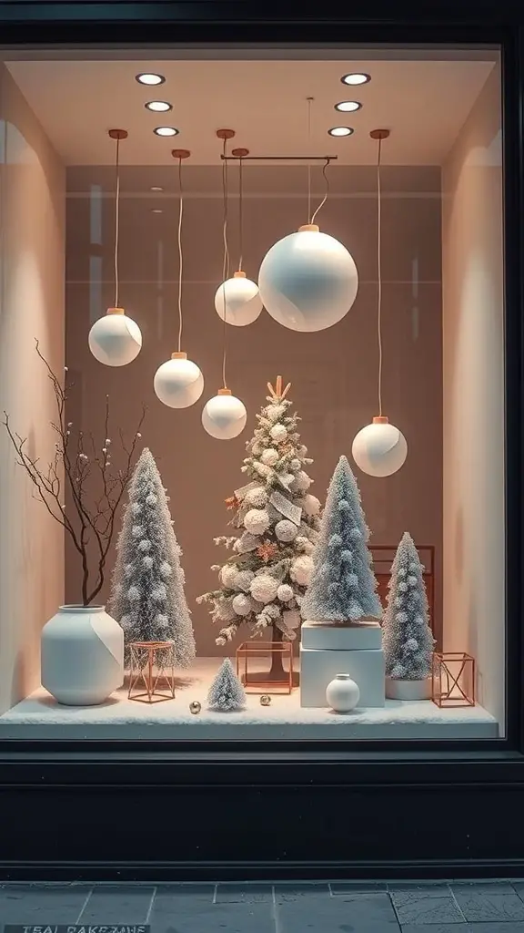 27+ Stunning Holiday Window Displays to Inspire Your Seasonal Decor 4 A modern minimalist holiday window display featuring white ornaments, a decorated Christmas tree, and snowy decor.