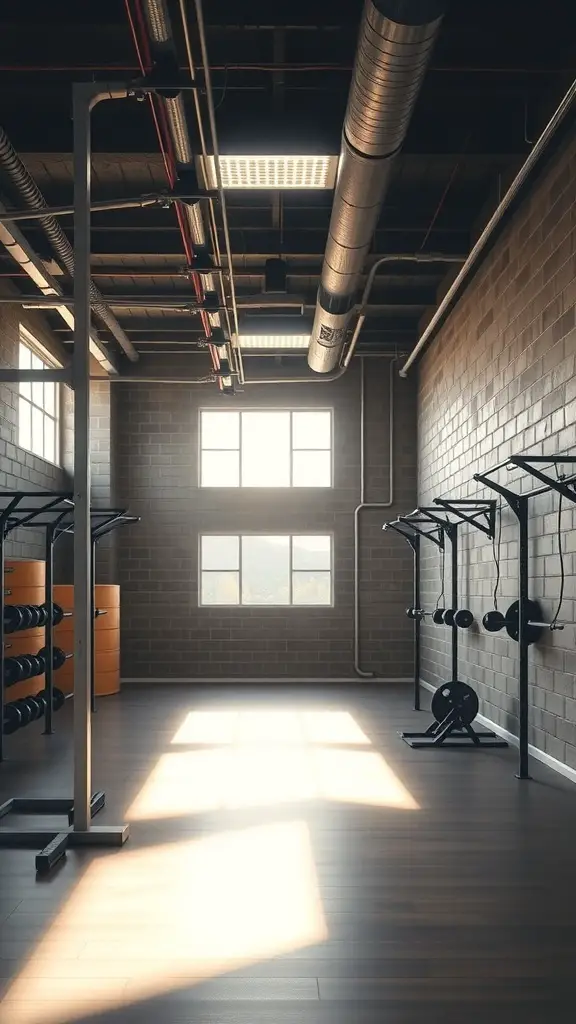 A well-lit basement gym featuring large windows and overhead lights, showcasing workout equipment.