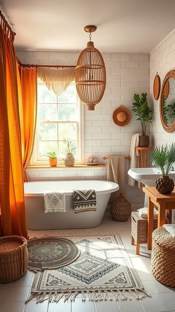 A boho-style bathroom featuring layered textiles, vibrant orange curtains, and natural decor elements.
