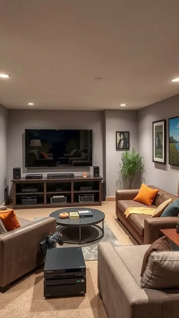 Cozy basement family room with seating, TV, and entertainment setup.