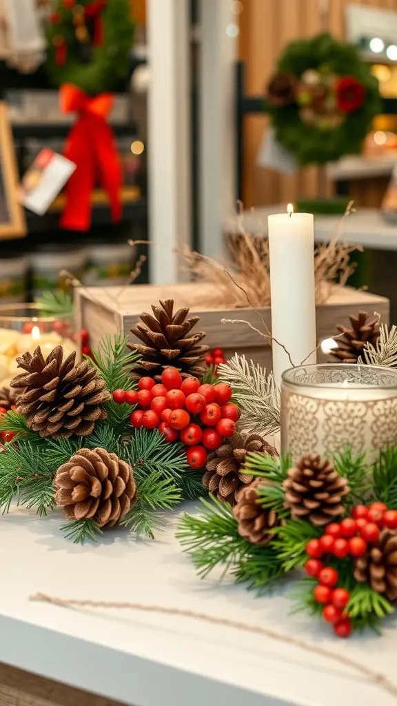 27+ Stunning Christmas Shop Decorations You Need This Season 12 A festive arrangement of pinecones and red berries with a candle and greenery.