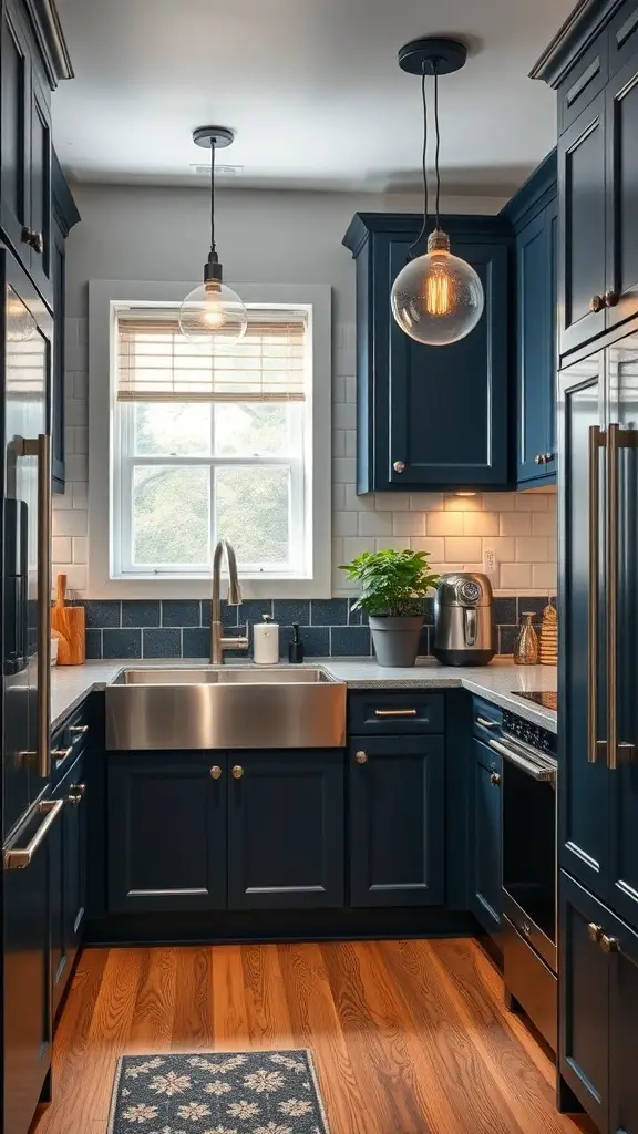 27+ Stunning Dark Blue Kitchen Cabinet Ideas for a Stylish Upgrade 15 A modern kitchen featuring dark blue cabinets, stainless steel appliances, and stylish pendant lighting.