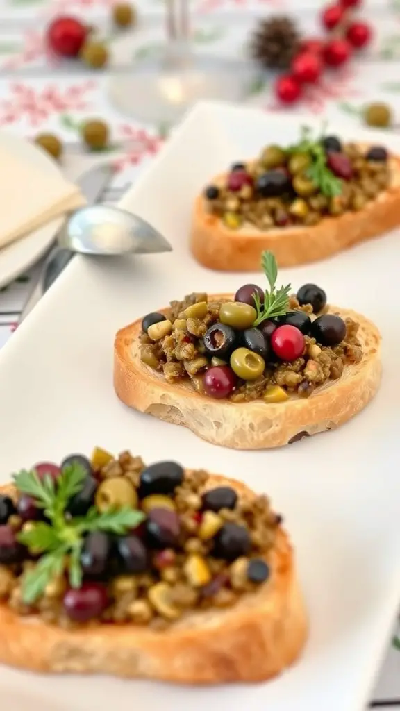 Crostini topped with olive tapenade, featuring a mix of black and green olives, served on a festive table.
