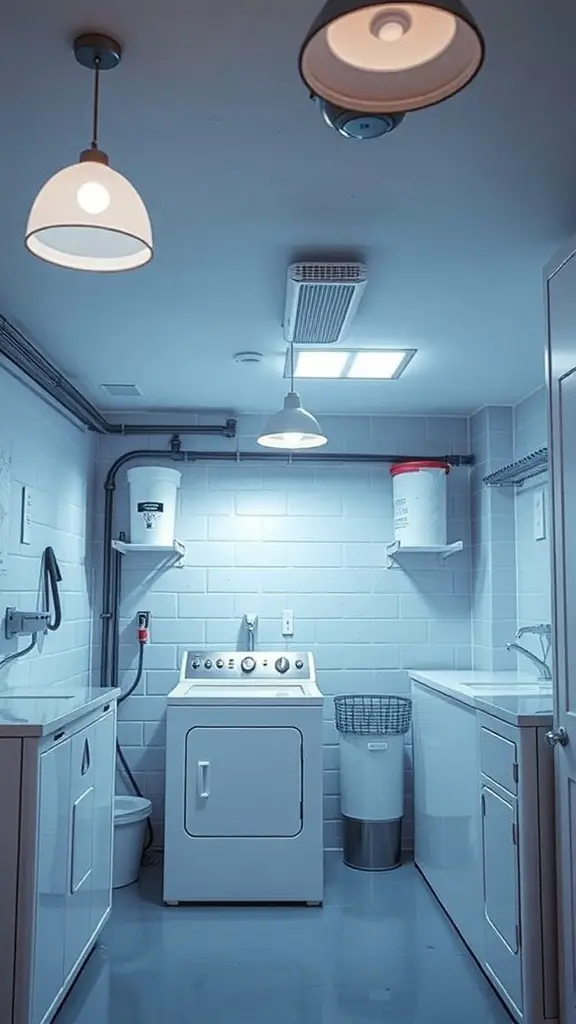 Bright and functional basement laundry room with various lighting fixtures.