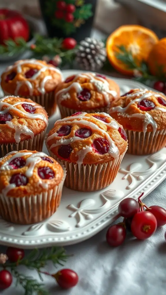 A plate of cranberry orange muffins with a sugary glaze, surrounded by festive decorations.