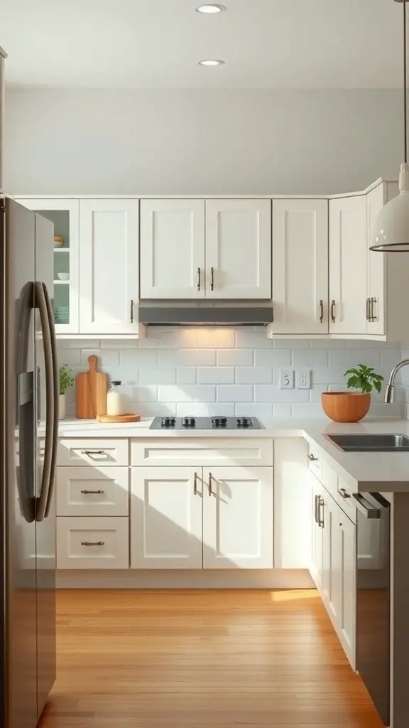 A bright kitchen featuring off white cabinets, wooden accents, and modern appliances.