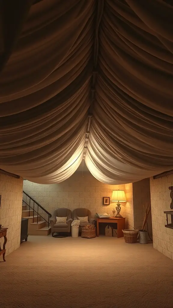 A basement with a fabric draped ceiling, creating a cozy and inviting atmosphere.