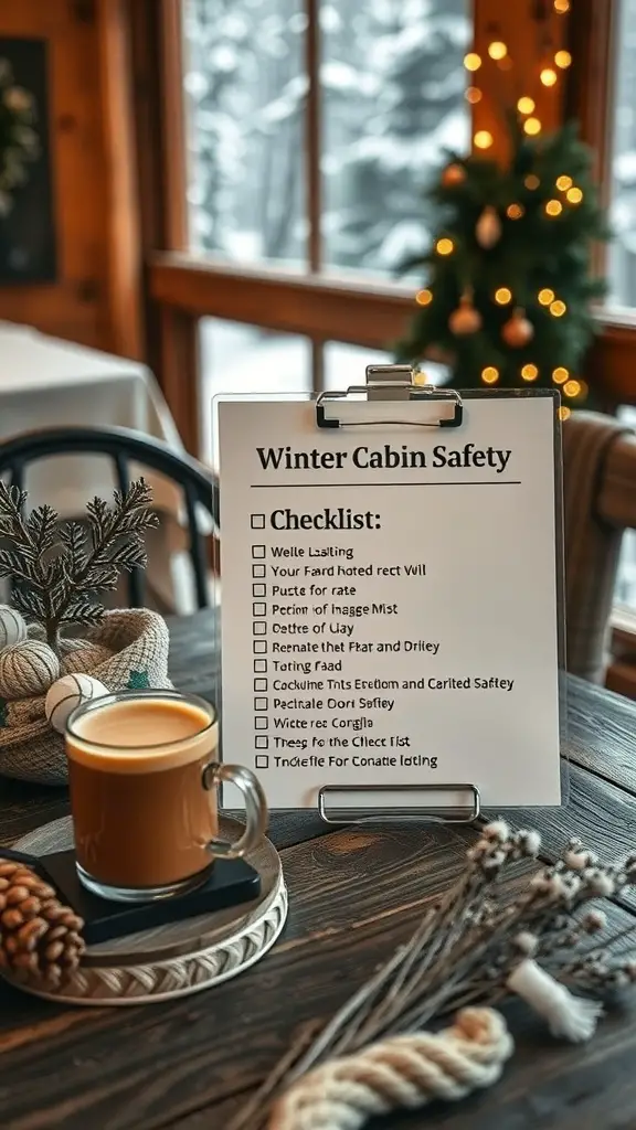A cozy winter cabin scene with a safety checklist on a table, featuring a warm drink and decorations.